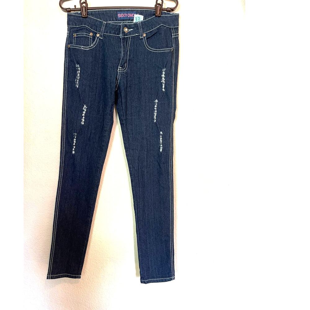 Vintage 1990s SEXY ONLY Slim Rose Embroidery Pocket Distressed Denim Jeans 7